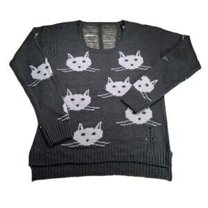 Buffalo David Bitton Sz M Distressed Cat Sweater Black White Goth Cat Lover